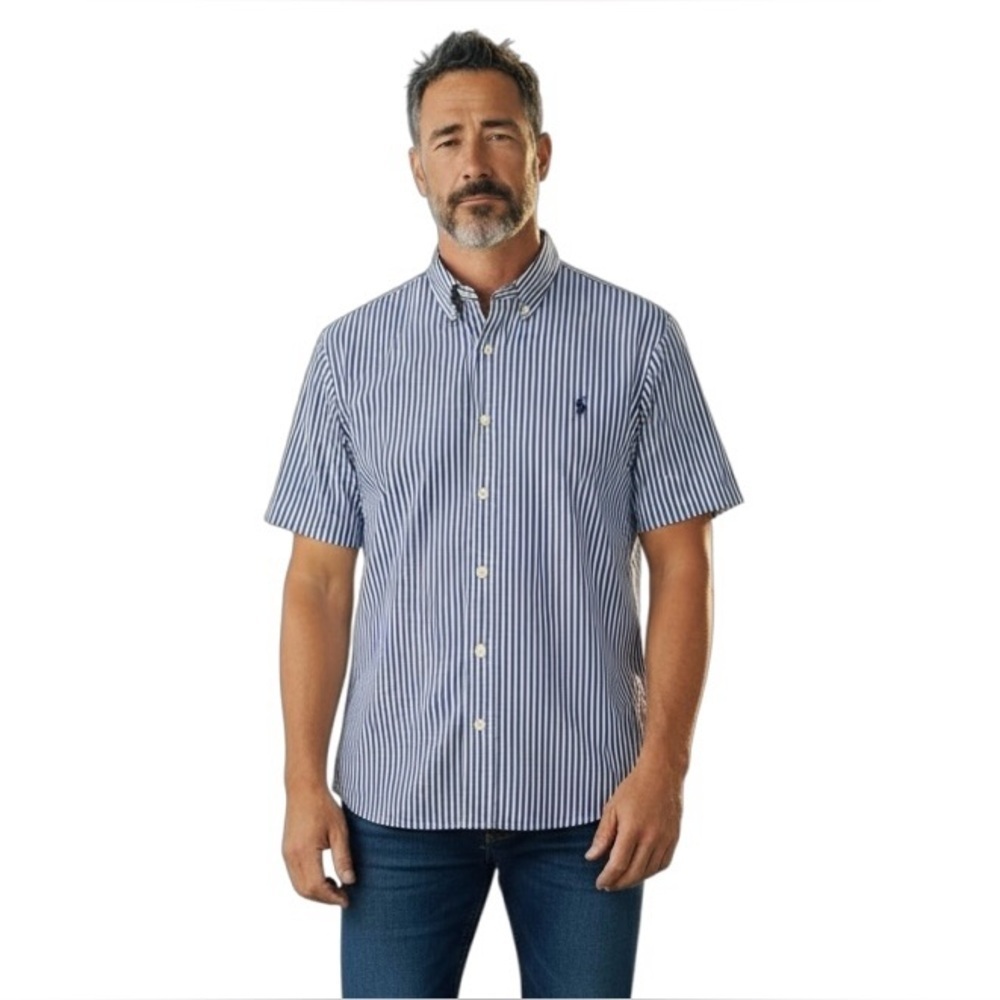 POLO RALPH LAUREN XL Navy Light Blue Stripe Camp Shirt Blake Button Down R$120